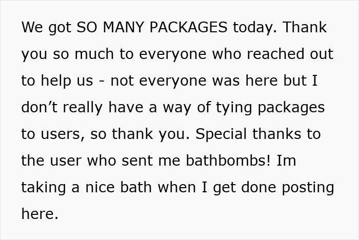 Alt text: Text message about receiving many packages and thanking a user, related to couple suspects wife's Hamburglar step-mom food theft.