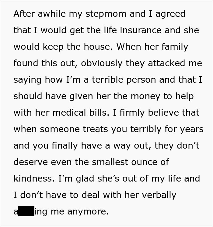 Text excerpt showing a woman recounting conflict over inheritance and how her stepmom tried to ruin the late husband's daughter.