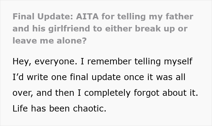 Text post discussing a daughter horrified as dad's girlfriend develops intense baby fever and goes overboard about pregnancy.