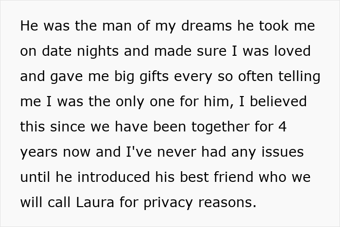 Text describing a man spinning a tale about his pregnant female best friend, shocking his wife with the fabricated story.