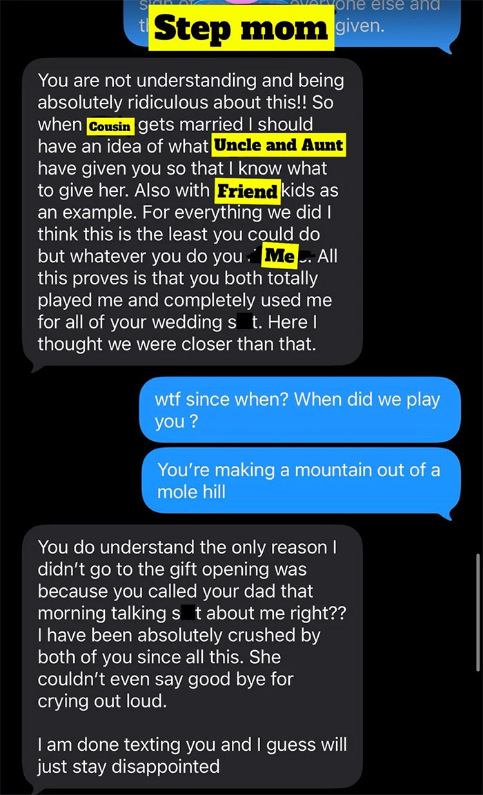Text messages showing a man upset as parents force him to drink beer at his wedding and leave early due to the music.
