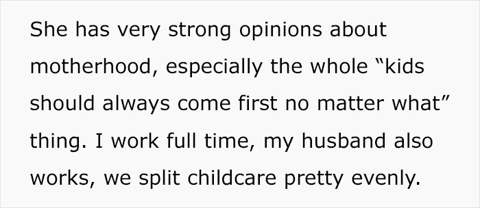 Text excerpt showing a woman with strong opinions on motherhood and equal childcare, related to MIL shaming conflict.