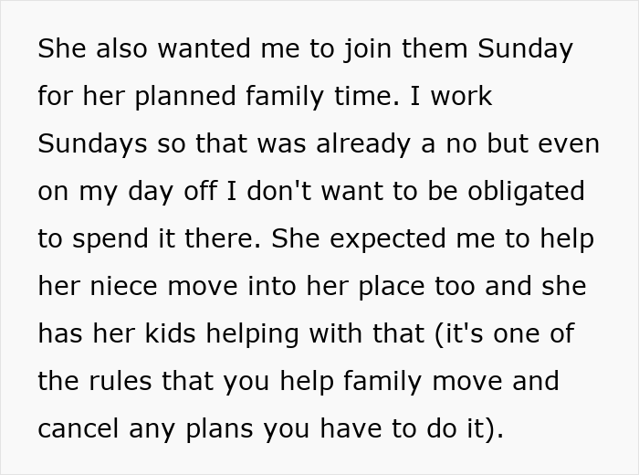 Text excerpt discussing family rules and obligations related to planned family time and helping with a family move.