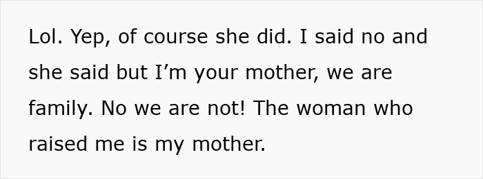 Text on a white background reading a conversation about birth mom claims involving DNA and family, causing adoptee distress over a cash grab.