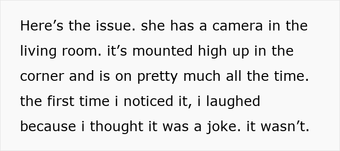 Text on a white background describing a hidden camera mounted high in the living room corner, spying constantly. Text on a white background describing a hidden camera mounted high in the living room corner, spying constantly.