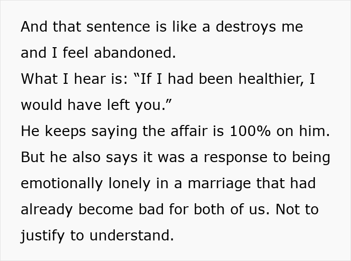 Text excerpt from a woman sharing feelings about a cheating husband and insight from a fair therapist on emotional loneliness.