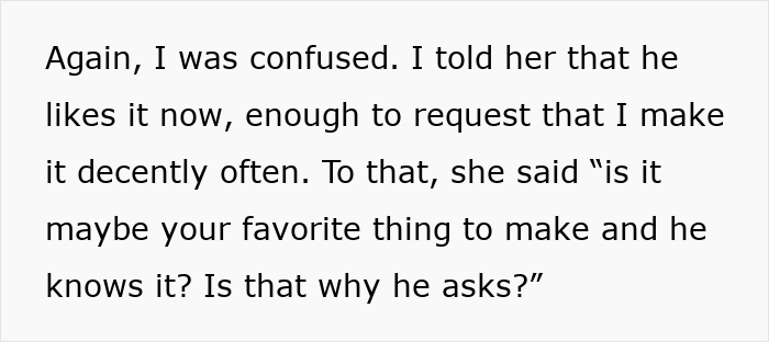 Text on white background showing a woman pushing back when MIL claims she knows husband better over a pasta question.