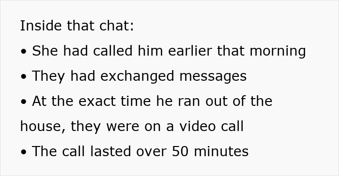 Text slide showing key points from a chat about a wife, divorce, and husband lying during a video call with an ex.