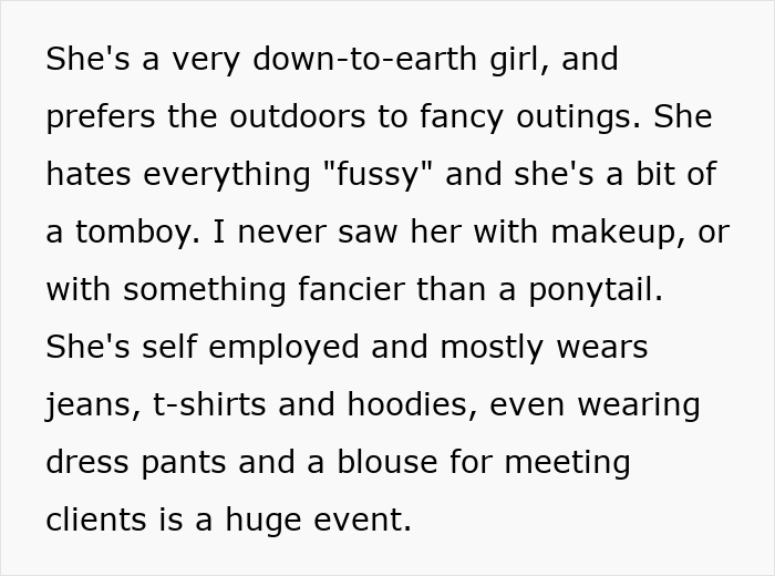 Text describing a girlfriend who prefers casual clothes and refuses to wear dresses even for a wedding.