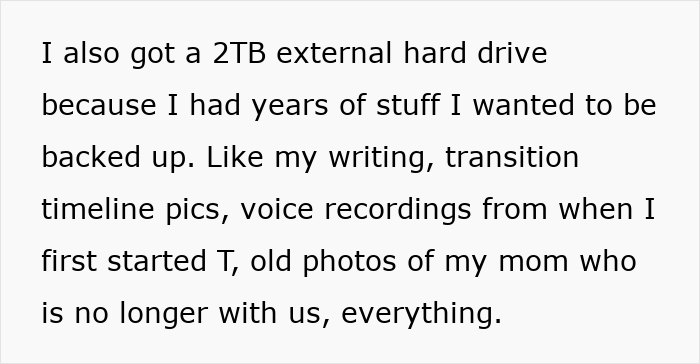 Text excerpt about backing up writing, voice recordings, and photos on a 2TB external hard drive to protect personal files.