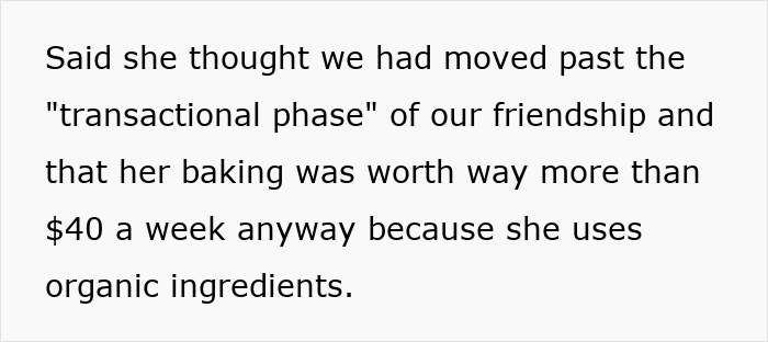 Text excerpt about neighbor dog walking pay deserts discussing transactional friendship phases and organic ingredients value.