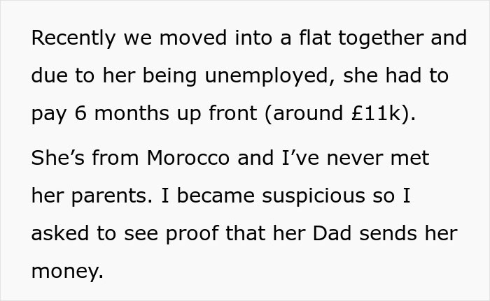 Text excerpt about wife fakes transaction to hide income source, mentioning suspicion over money proof and relationship details.
