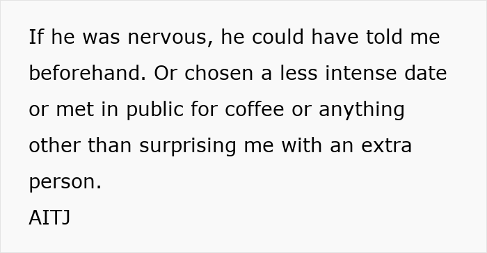 Text post expressing frustration over a nervous guy bringing his bestie to chaperone his first date.