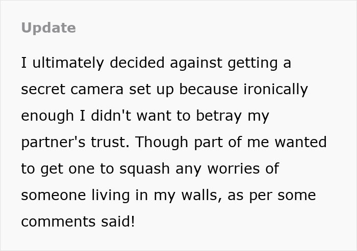 Text update about deciding against a secret camera to maintain trust despite suspicions from a suspicious husband.