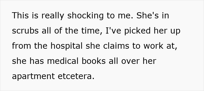 Text excerpt describing a woman in scrubs who claims to work at a hospital with medical books in her apartment.