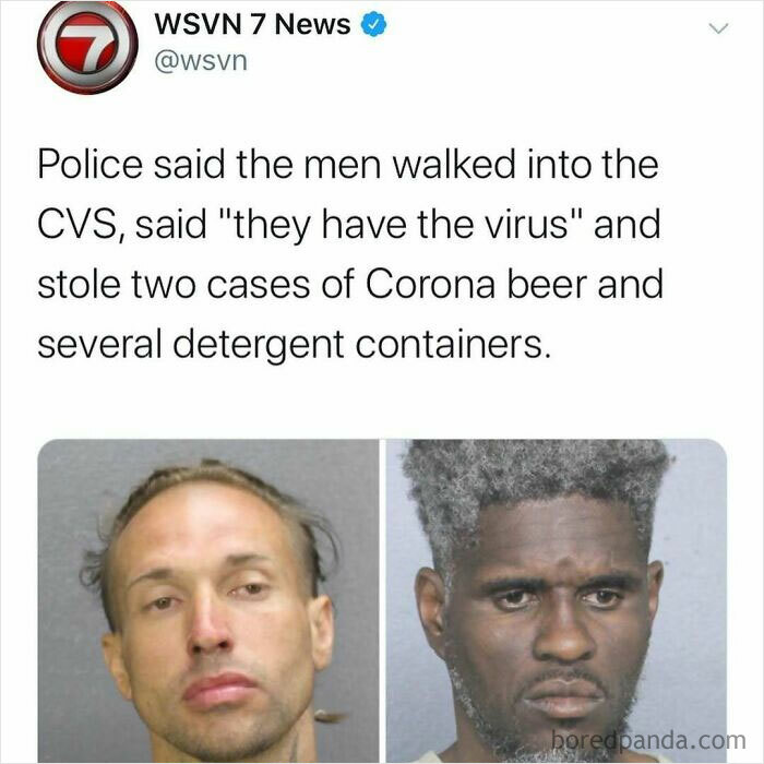 Police news report about men stealing Corona beer and detergent, featured in unhinged news headlines in America.