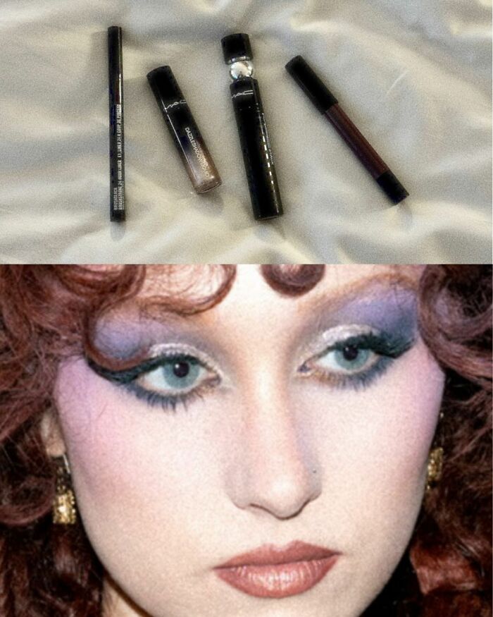 Makeup products and close-up of Chappell Roan's face showcasing makeup behind her controversial Grammys dress look.