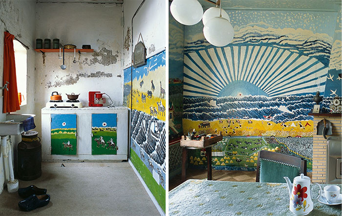 Rustic kitchen interiors with bold, colorful murals and vintage decor showcasing beautiful and unique interior design ideas.