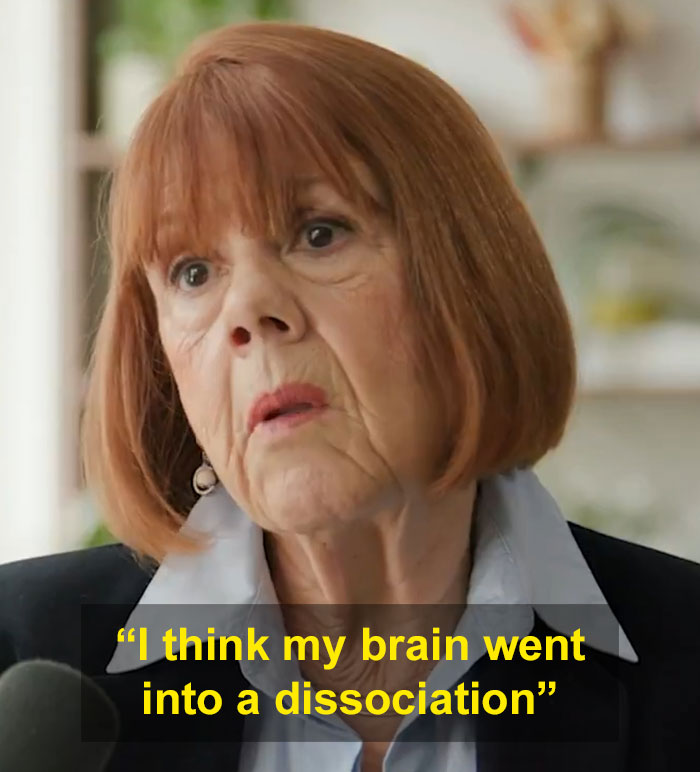 Gisèle Pelicot speaking about discovering exploitation by her husband alongside 50 men in an emotional interview setting.