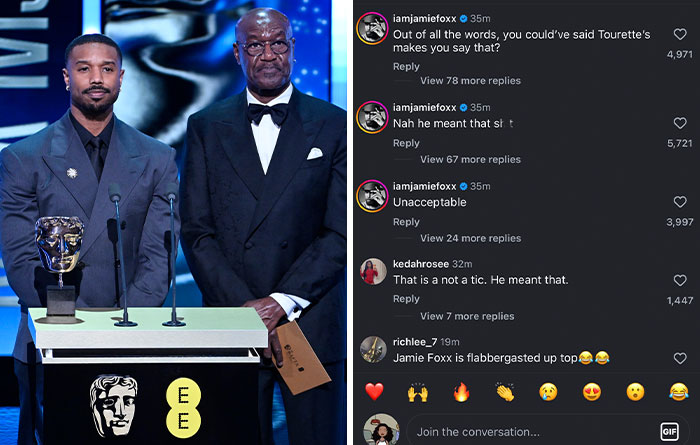 Two men in tuxedos presenting at the 2026 BAFTAs with viral celebrity moment social media reactions on screen.
