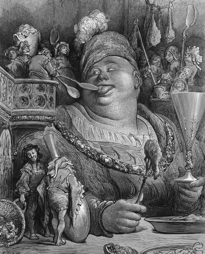 Engraving of a large man eating with spoons, illustrating the story of history's hungriest man and his mysterious autopsy.