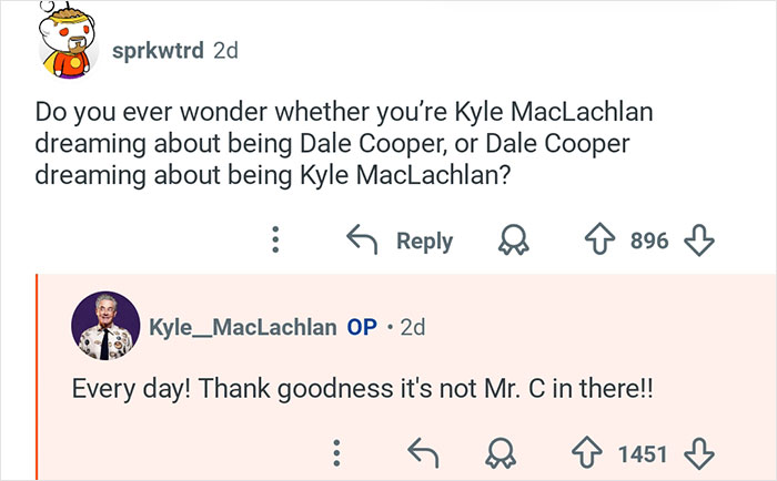 Reddit exchange showing Kyle MacLachlan from Twin Peaks humorously answering fan questions online.