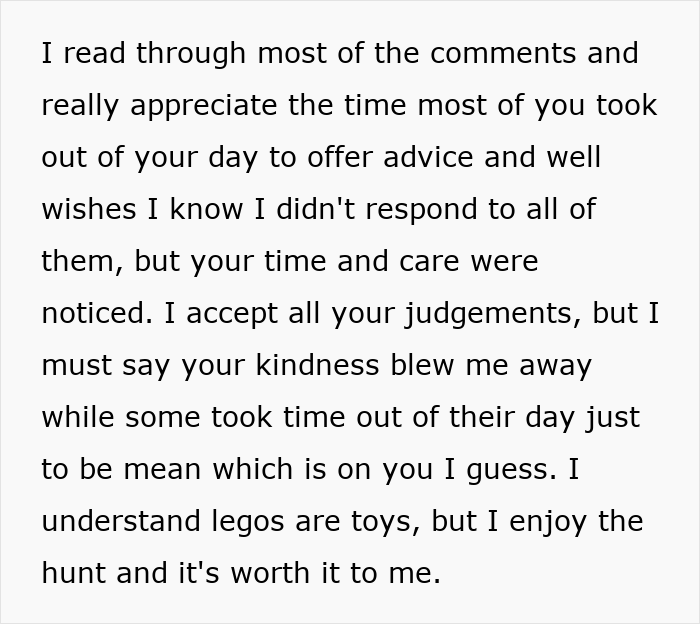 Man discusses experience after cheating ex-wife's boyfriend steals expensive Lego sets and gets arrested, reflecting on community support.