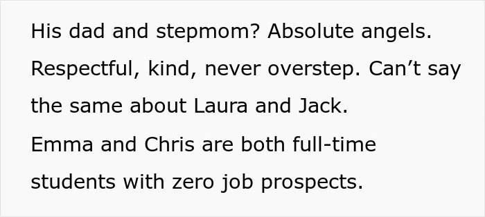 Text excerpt discussing family dynamics, focusing on full-time students with no job prospects moving in with a couple.