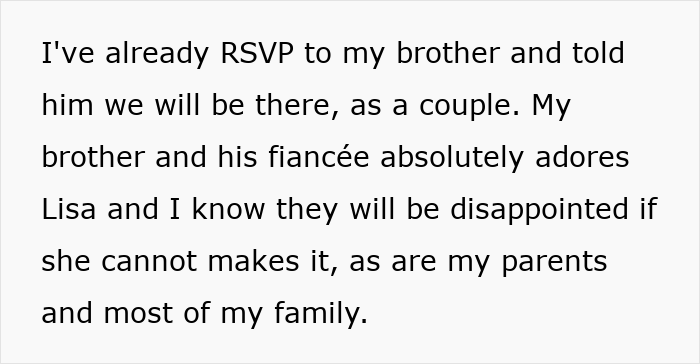 Text excerpt discussing a couple's RSVP to a wedding and family expectations about dress code conflicts.