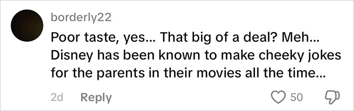 Social media comment criticizing Frida Mom marketing, calling it poor taste and comparing it to Disney's cheeky jokes.