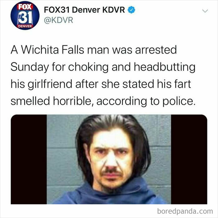 Twitter post about a man arrested in a bizarre American news headline involving choking over a bad fart smell.