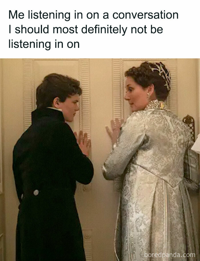 Two Bridgerton characters eavesdropping on a conversation, illustrating Bridgerton memes fans might enjoy.