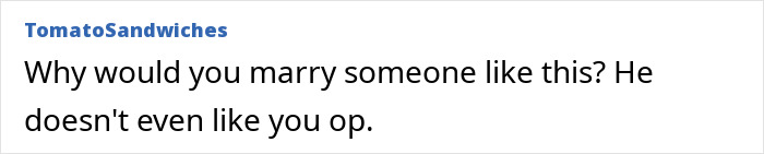 Comment on a forum expressing that a husband&rsquo;s reaction to his wife&rsquo;s wedding look shows he doesn&rsquo;t even like her.