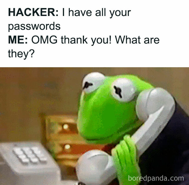 Kermit the Frog holding a phone with a funny hacker meme showing relatable humor about passwords.