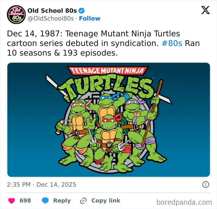 Teenage Mutant Ninja Turtles 80s cartoon characters in colorful poses on a vintage blue background.