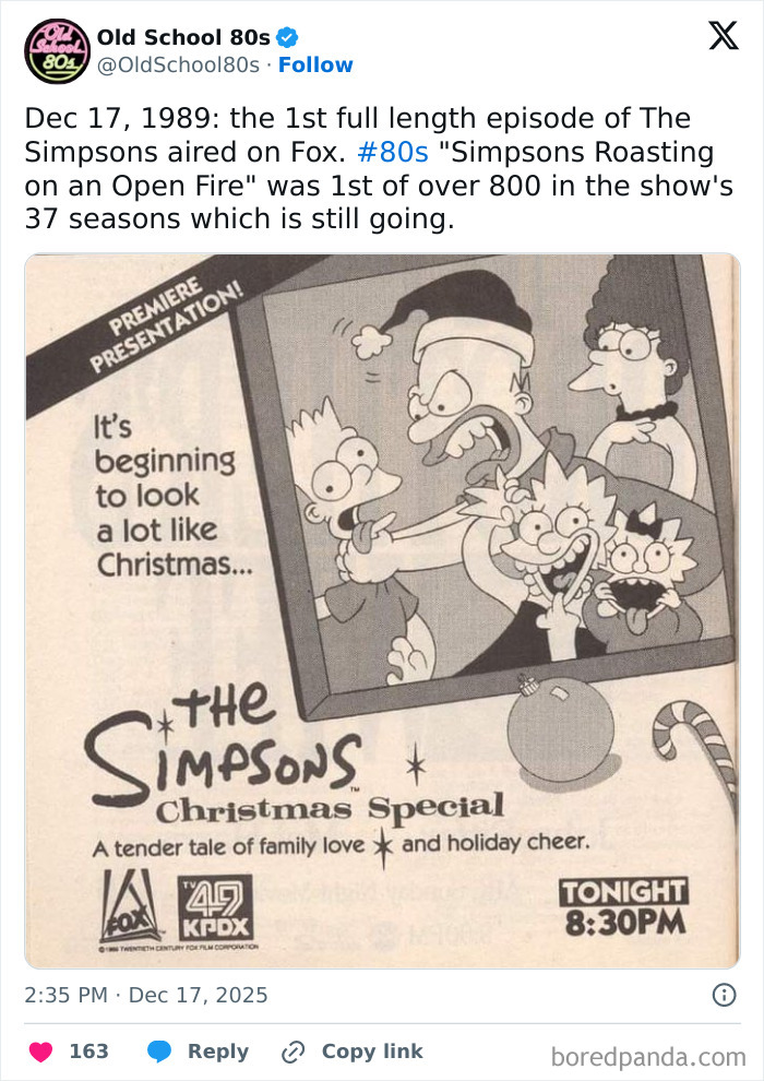 Vintage Simpsons Christmas special promo from the 80s shared by popular 80s nostalgia X page with over 300K followers.
