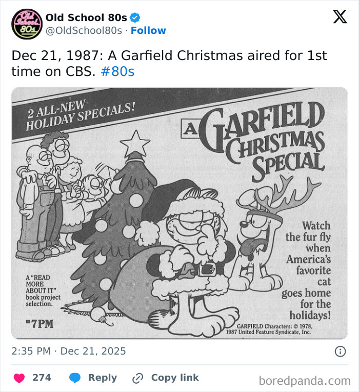 Old School 80s Twitter post showing Garfield Christmas Special promoting 80s nostalgia and holiday memories.