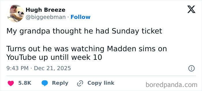 Tweet showing a boomer mistakenly watching Madden sims on YouTube, illustrating boomers using technology and failing.