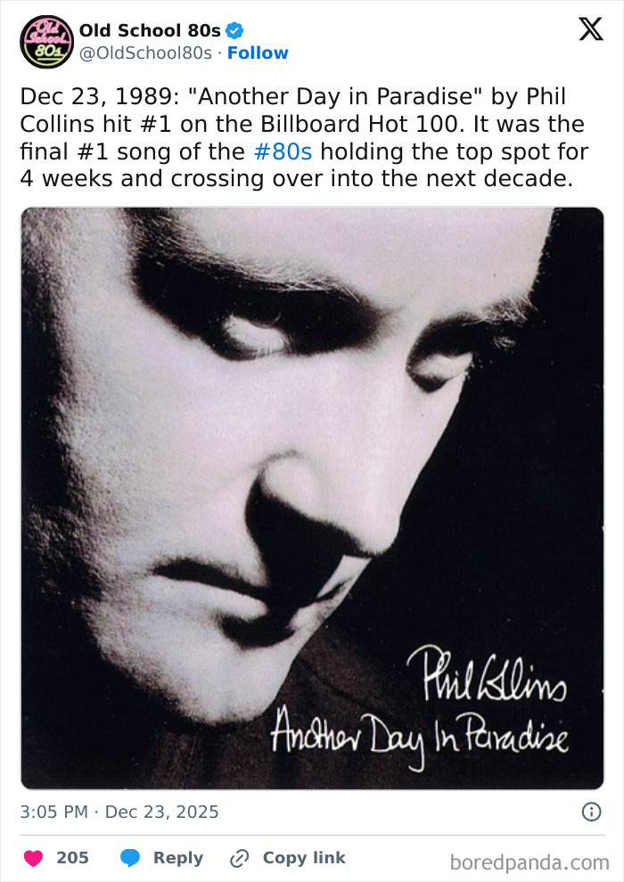 Close-up of Phil Collins album cover Another Day in Paradise, a popular 80s song remembered by over 300K people on X.