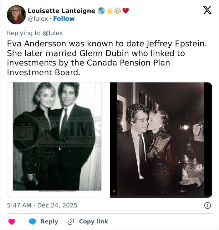 Black and white photos of Jeffrey Epstein with Eva Andersson, highlighting Epstein&rsquo;s obsession with ex-girlfriend&rsquo;s daughter.