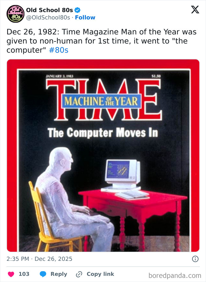 TIME magazine cover from 1983 featuring the computer as machine of the year, shared by 80s nostalgia X page.