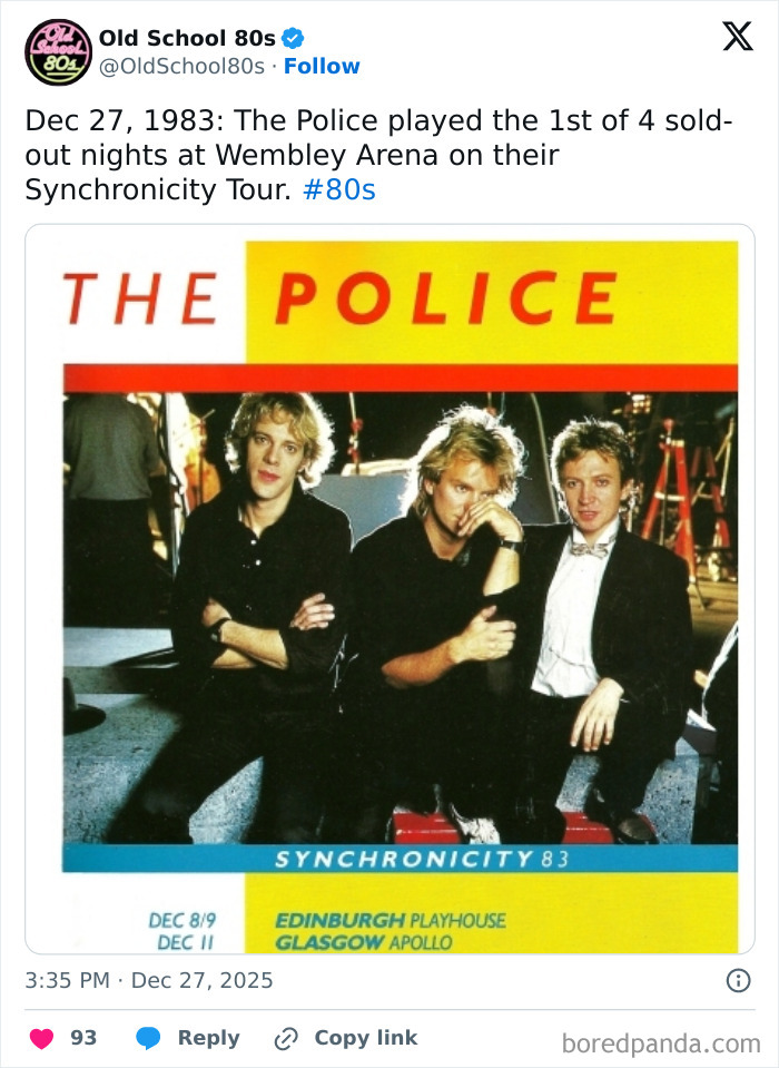 Vintage photo of The Police from the 80s, featured on a popular X page for 80s memory lane fans.