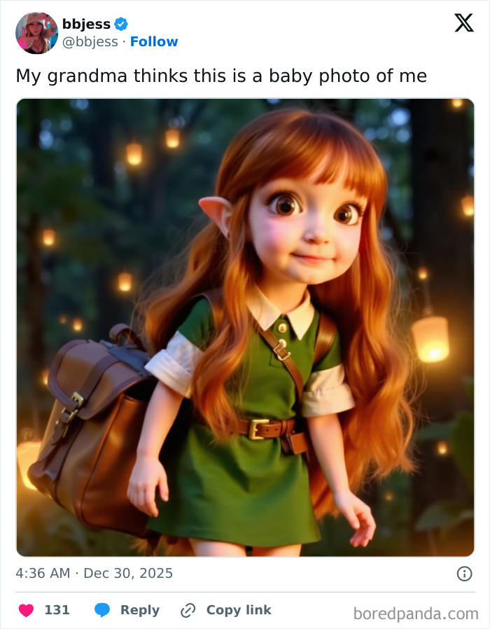 Animated young girl with big eyes and red hair in a green dress, representing boomers trying technology and failing miserably.