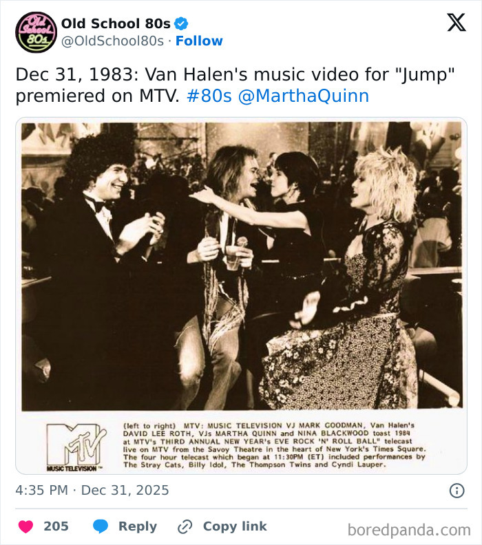 Vintage 1980s photo of MTV, Van Halen, and music icons, popular among over 300K followers of 80s nostalgia pages.