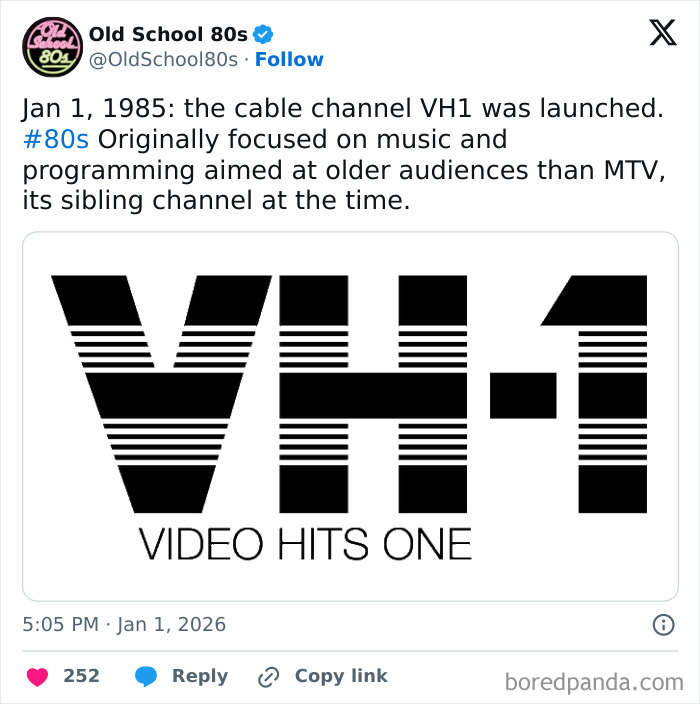 Tweet by Old School 80s about VH1 launch in 1985 with the channel logo, popular X page for 80s nostalgia and memories.