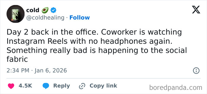 Tweet about a coworker watching Instagram Reels without headphones, highlighting selfishness and lack of teamwork in office culture.