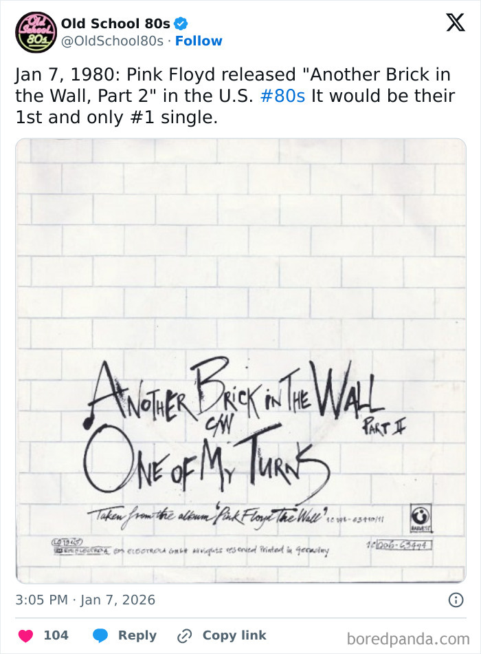 Handwritten album cover of Pink Floyd’s Another Brick in the Wall, shared on popular 80s nostalgia X page.