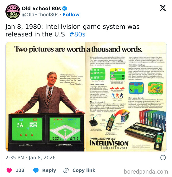 Vintage Intellivision game system ad from the 80s shared by popular retro X page with over 300K followers.