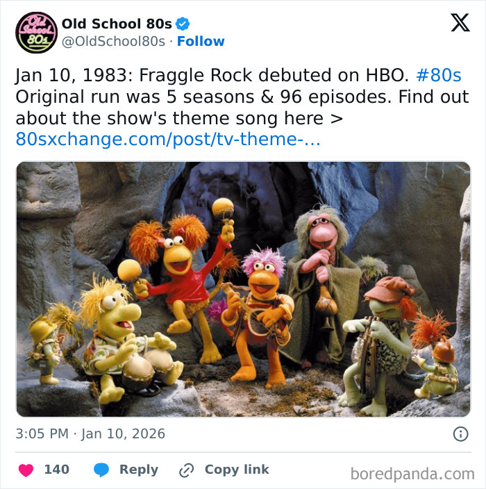 Alt text: Fraggle Rock characters in a cave setting, nostalgic 80s TV show shared by popular 80s-themed X page.