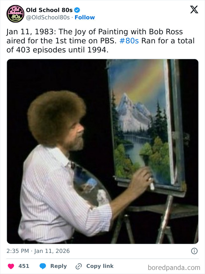 Man painting a landscape on canvas in a retro 80s style, popular with over 300K followers on this X page.